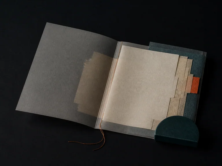 An open translucent folio with blank index slips, sienna binding thread, and a dark teal ceramic weight on black.
