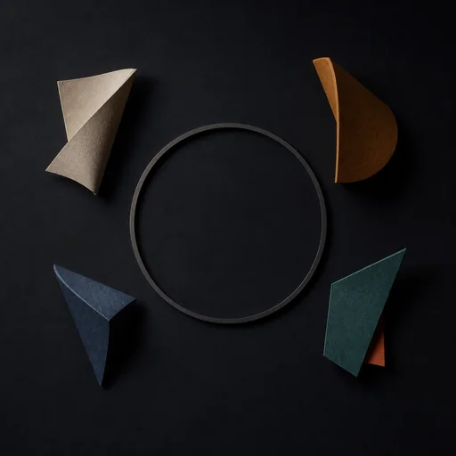 A graphite ring surrounded by four folded paper and ceramic fragments in ivory, sienna, blue, and teal on a black field.