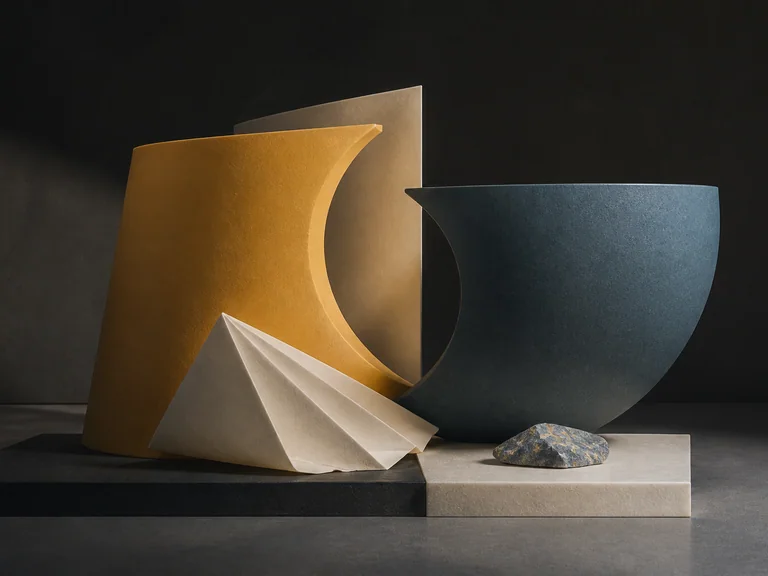 Curved ochre and slate forms interlock around an open seam above folded ivory paper and stone.