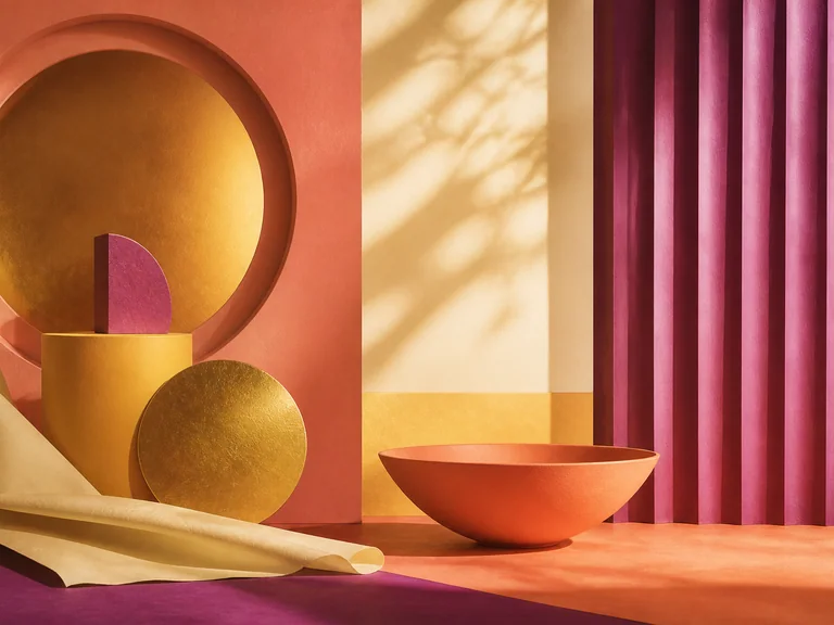 Circular recesses, folded paper, and vessels in grenadine pink, pale yellow, gold, and purple.