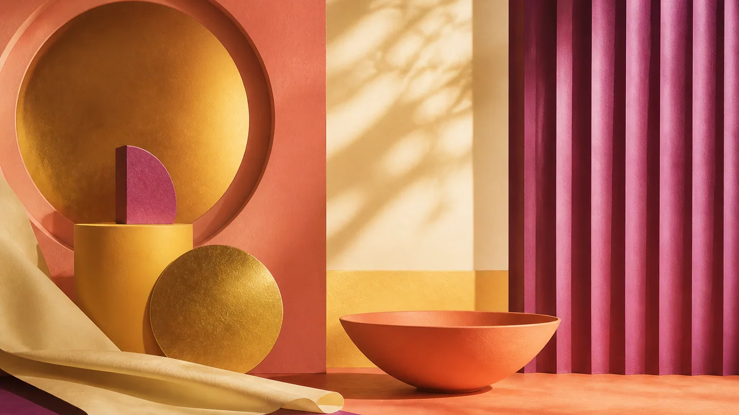 Circular recesses, folded paper, and vessels in grenadine pink, pale yellow, gold, and purple.