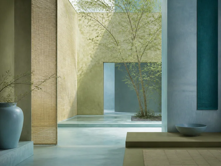 An inward plaster court with pale ceramic, reed texture, olive buff, Nile blue, salvia blue, and green blue.