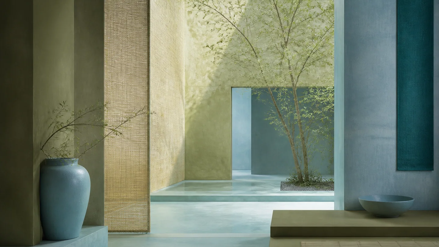 An inward plaster court with pale ceramic, reed texture, olive buff, Nile blue, salvia blue, and green blue.