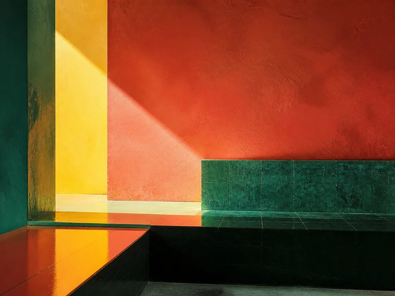 Lacquered red, yellow, and deep green architectural planes crossed by sunlight.