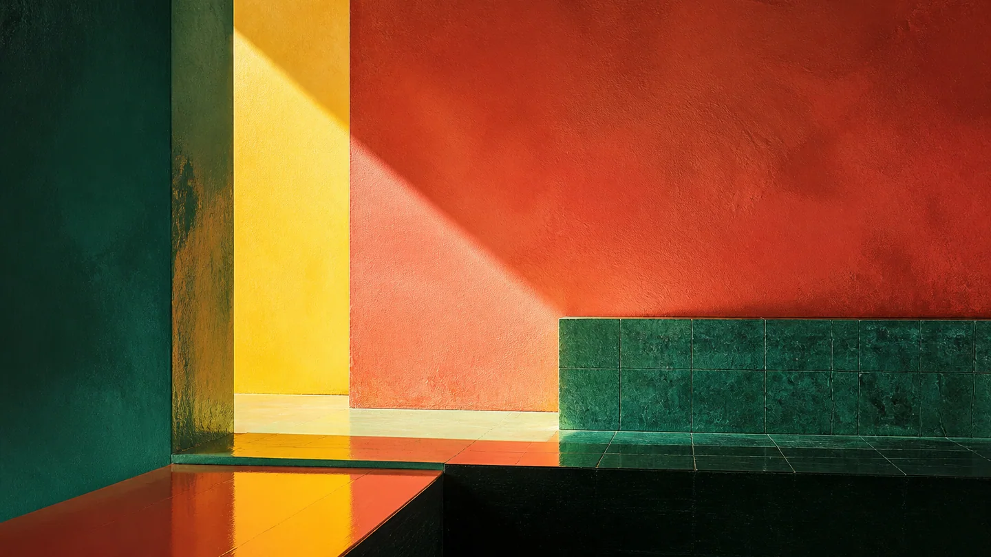Lacquered red, yellow, and deep green architectural planes crossed by sunlight.