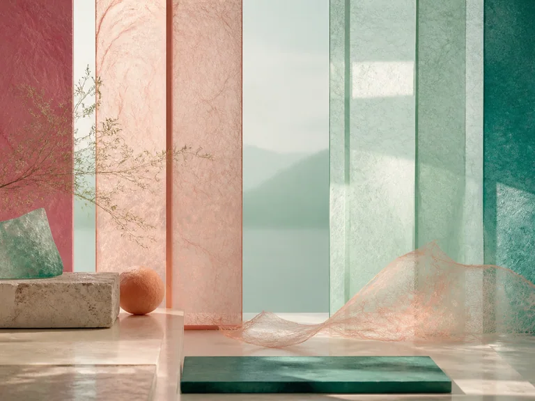 Translucent paper, fiber, and sea-glass layers in old rose, peach, pale green, and sea green.