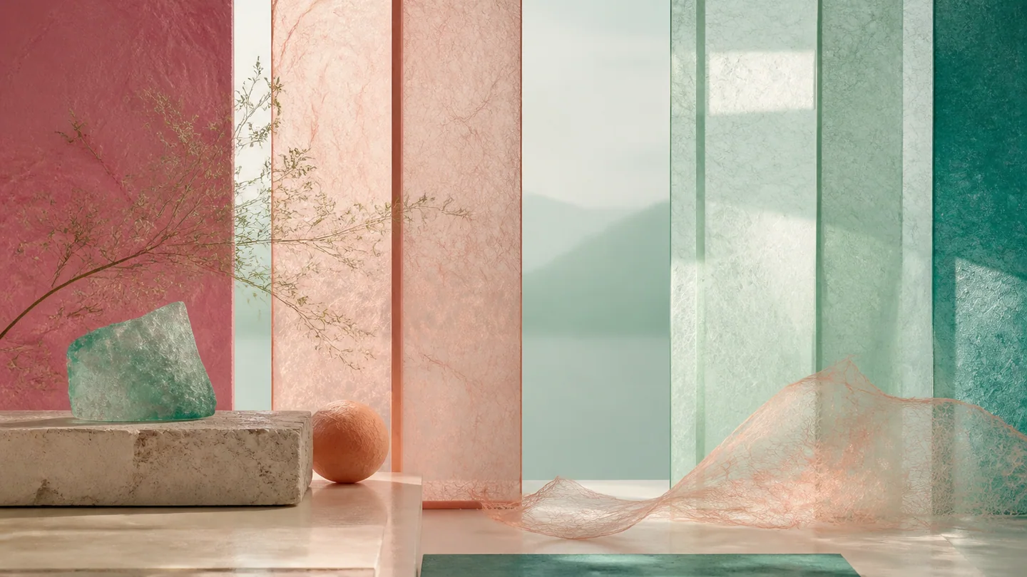 Translucent paper, fiber, and sea-glass layers in old rose, peach, pale green, and sea green.
