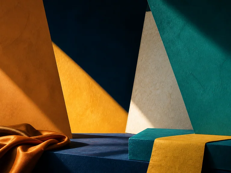 Abstract folded silk and paper planes in raw sienna, apricot yellow, teal green, and deep blue.