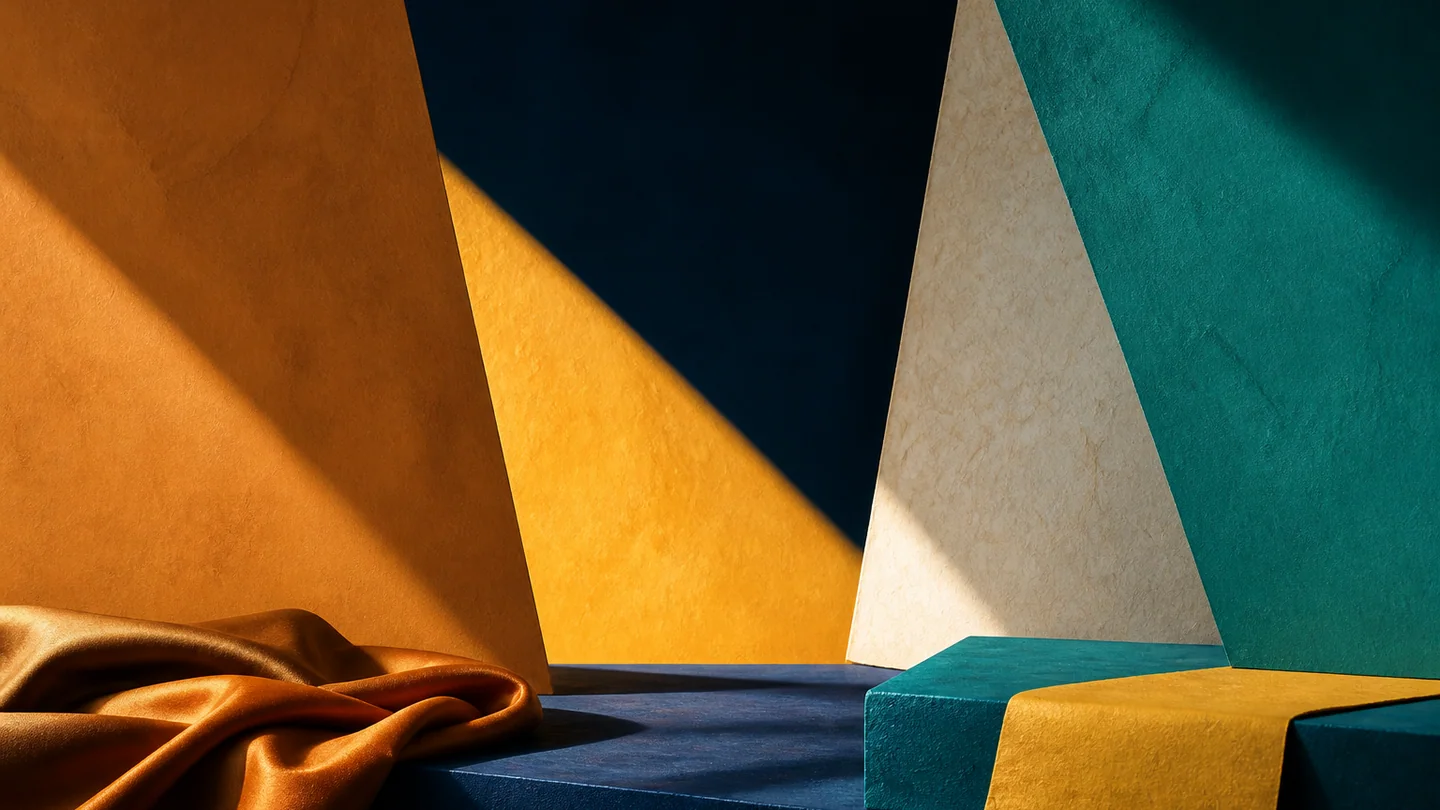 Abstract folded silk and paper planes in raw sienna, apricot yellow, teal green, and deep blue.