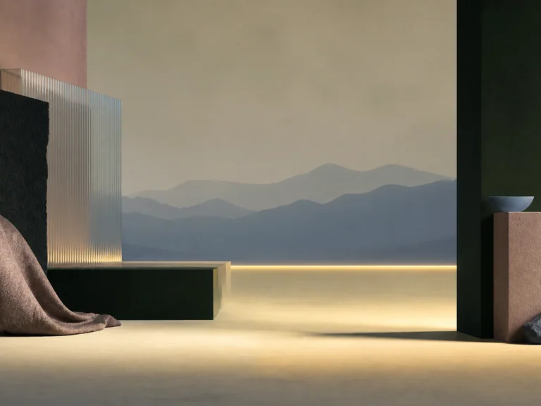 Frosted glass and textile frame a distant blue horizon in drab pink, pale yellow, slate olive, and salvia blue.