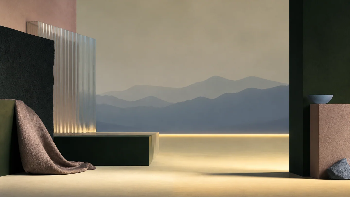 Frosted glass and textile frame a distant blue horizon in drab pink, pale yellow, slate olive, and salvia blue.
