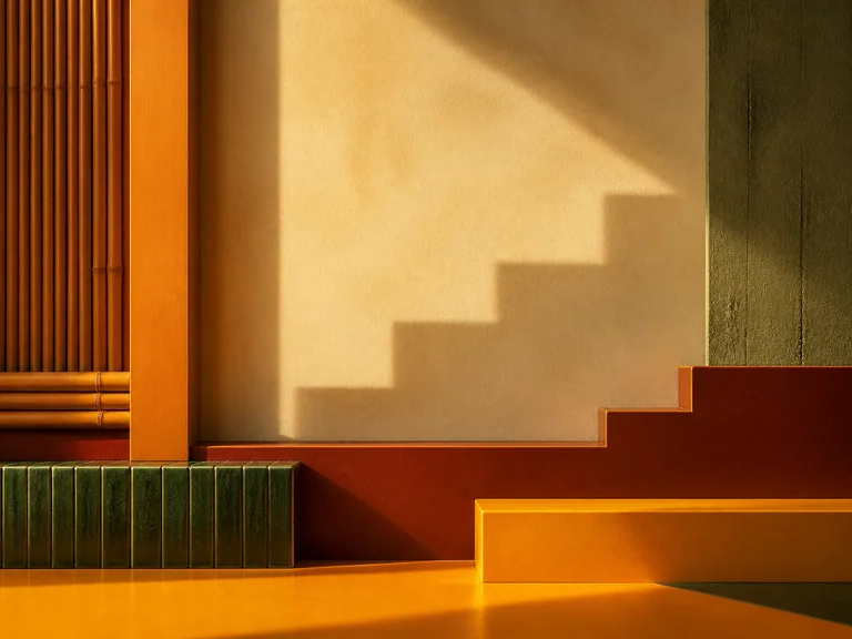 Stepped lacquer and green tile forms in raw sienna, apricot yellow, orange, and dark green.