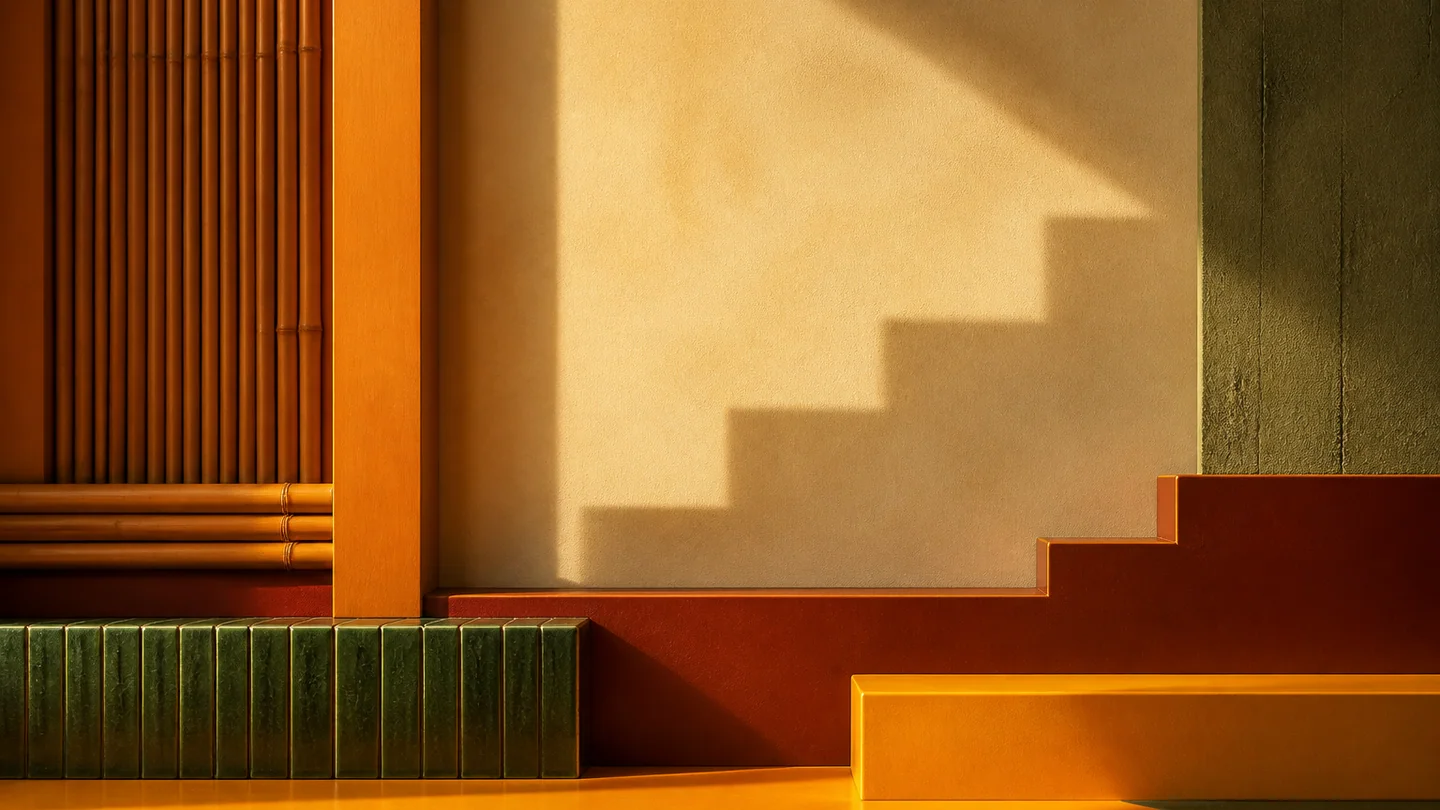 Stepped lacquer and green tile forms in raw sienna, apricot yellow, orange, and dark green.