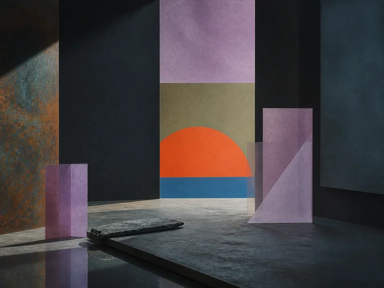 Orthogonal slate and translucent vellum forms in peach red, dark citrine, Olympic blue, and light mauve.