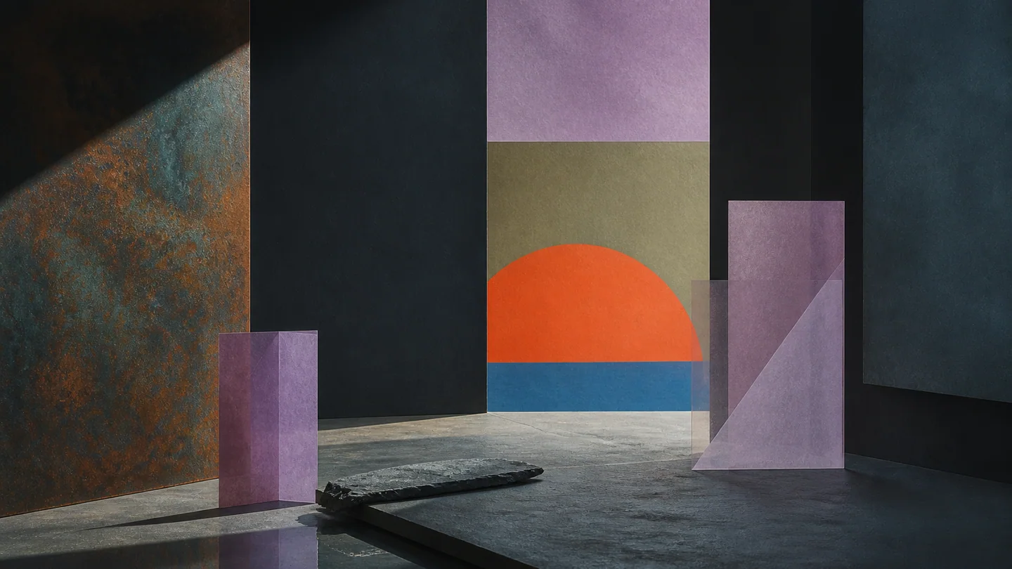 Orthogonal slate and translucent vellum forms in peach red, dark citrine, Olympic blue, and light mauve.