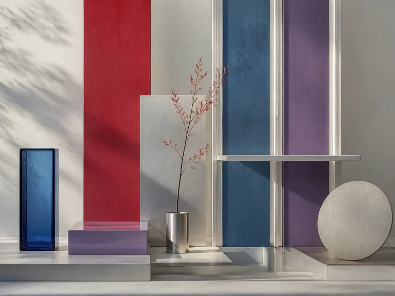 Vertical painted wood, blue glass, violet enamel, and silver planes in crisp morning light.