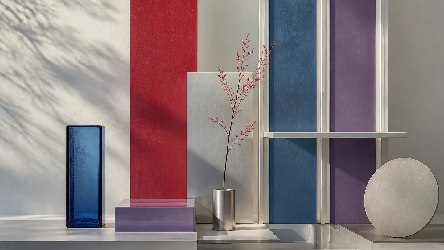 Vertical painted wood, blue glass, violet enamel, and silver planes in crisp morning light.