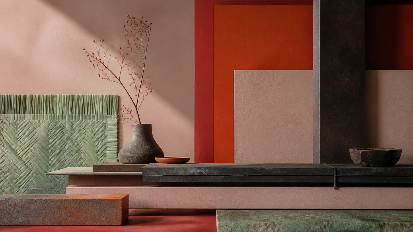 Measured stone, iron, and woven-grass slabs in fawn, scarlet, orange red, and pale green.