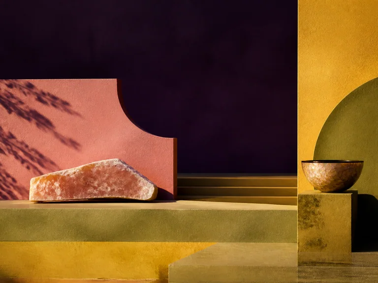 Offset mineral and lacquer planes in old rose, apricot yellow, olive yellow, and violet black.