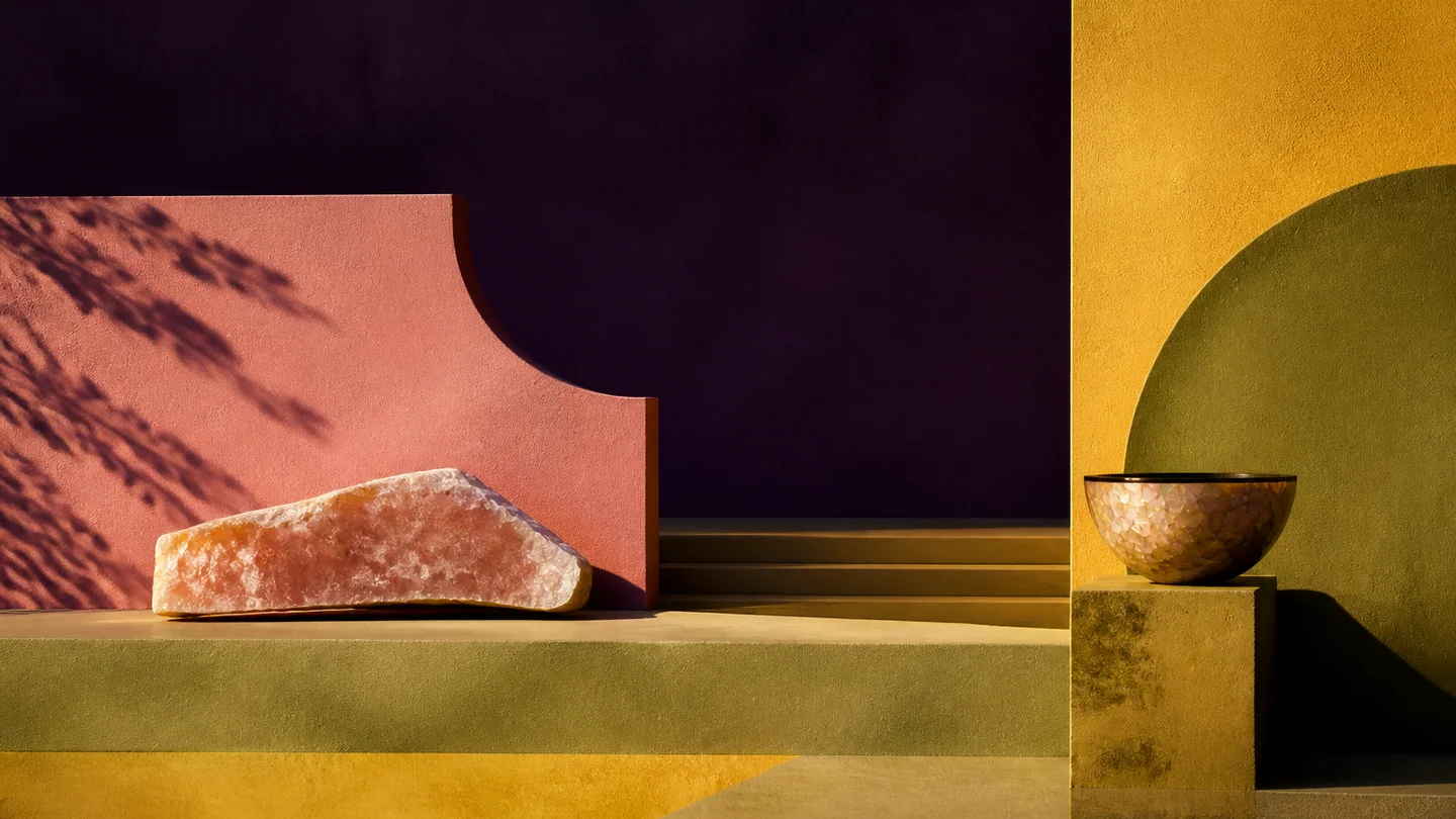 Offset mineral and lacquer planes in old rose, apricot yellow, olive yellow, and violet black.