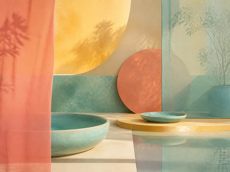 Glazed ceramic and translucent paper forms in coral pink, cream yellow, turquoise, and pale blue.