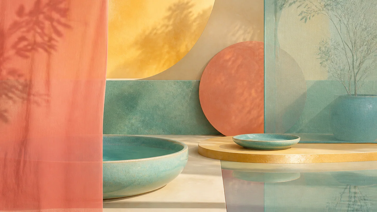 Glazed ceramic and translucent paper forms in coral pink, cream yellow, turquoise, and pale blue.