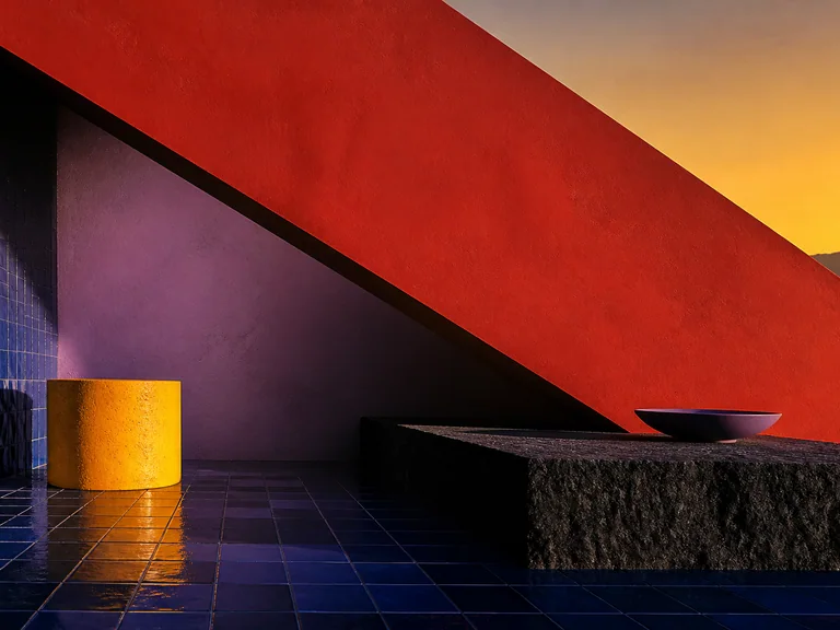 A red diagonal plane cuts across blue tile, yellow enamel, violet plaster, and black basalt.