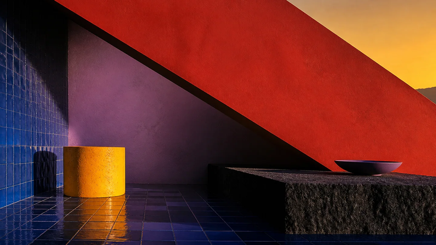 A red diagonal plane cuts across blue tile, yellow enamel, violet plaster, and black basalt.
