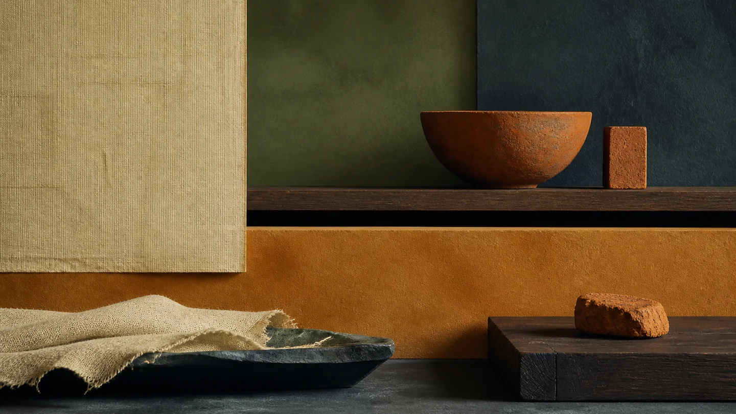 Low linen, terracotta, wood, and slate planes in raw sienna, ivory, olive green, and slate gray.